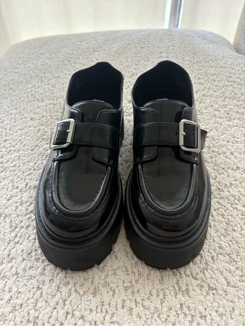 Steve Madden Black Patent Buckle Platform Moccasins- Used Once